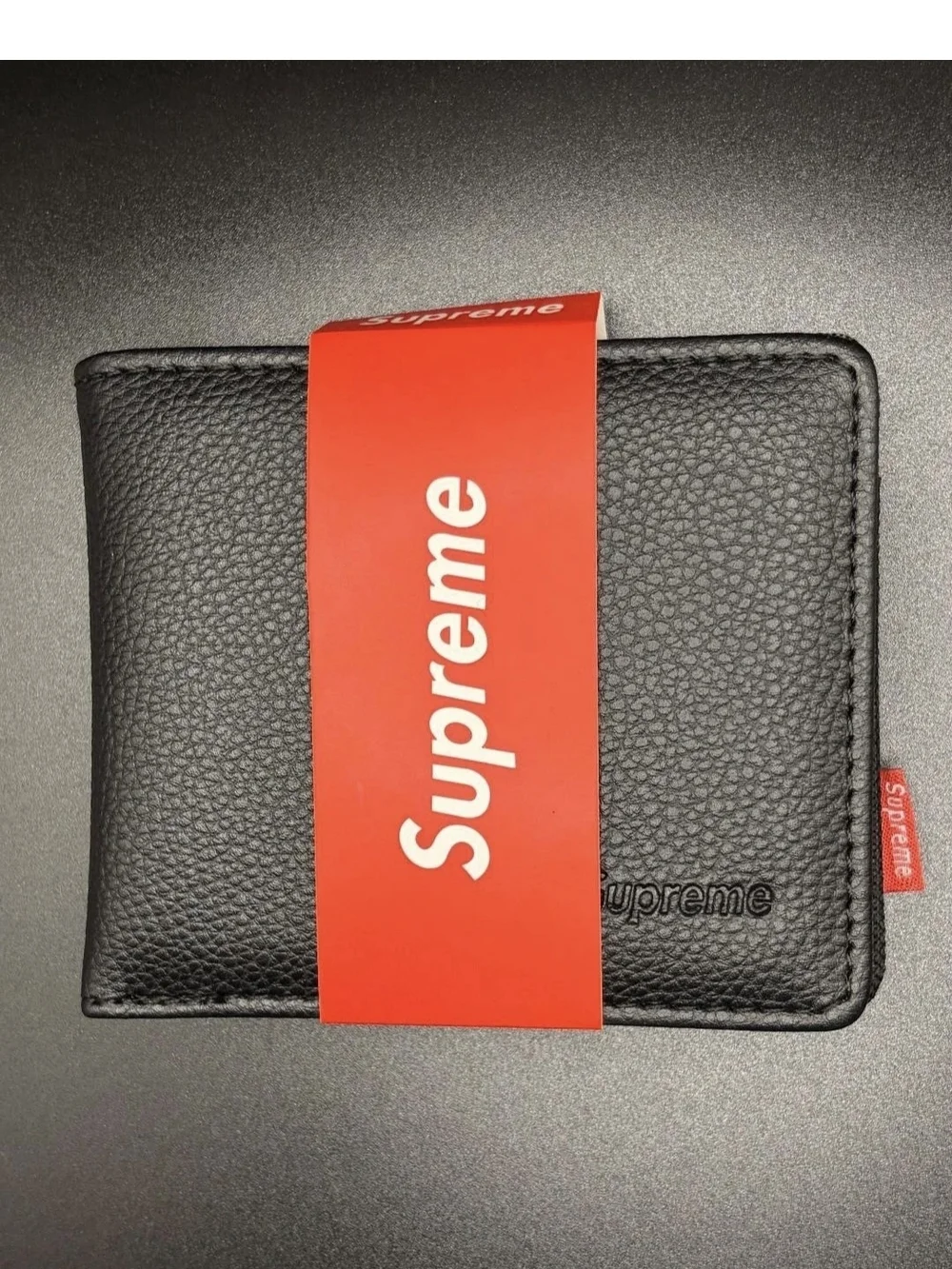 Supreme Black Leather Bifold Wallet with Red Logo